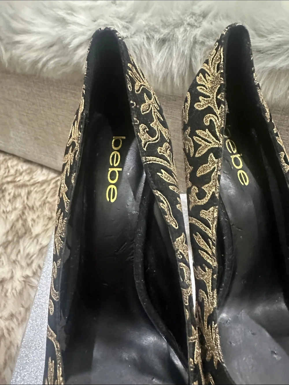 BEBE Black and Gold  velvet Embroidered Platform Pumps 5 heel 2 inch platform
